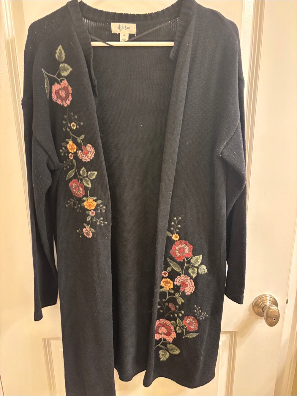 Style & Co. Black Open Cardigan with Pink and Yellow Floral Embroidery